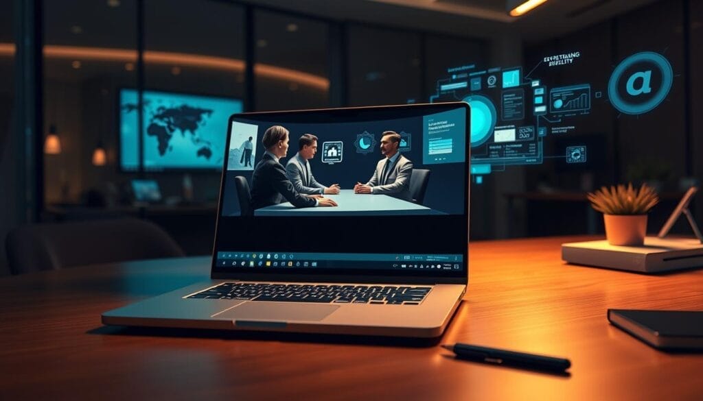 A sleek, modern office desk with a laptop displaying a simulated AI sales training platform, codenamed "Hyperspace". The laptop screen shows a virtual roleplay scenario, with lifelike 3D avatars of salespeople engaged in a sales negotiation. The scene is bathed in warm, directional lighting, creating a sense of focus and professionalism. In the background, subtle holographic displays and data visualizations float, showcasing the platform's advanced analytics and reporting capabilities. The overall atmosphere conveys a cutting-edge, immersive experience that elevates sales performance and results.