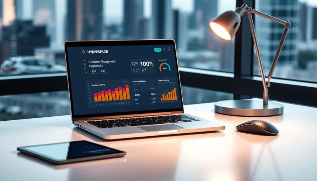 A sleek, modern office desk with a laptop displaying the Hyperspace brand logo. On the screen, a dynamic dashboard showcases customer engagement metrics for an automotive dealership, including customer satisfaction ratings, interaction touchpoints, and sales conversion data. The desk is accented by a tablet device, a tactile mouse, and a stylish desk lamp that casts a warm, focused light. The background features a blurred cityscape, conveying a sense of a thriving, technology-driven business environment. The overall scene exudes a professional, yet innovative atmosphere, reflecting the benefits of AI-powered sales coaching for car dealerships.