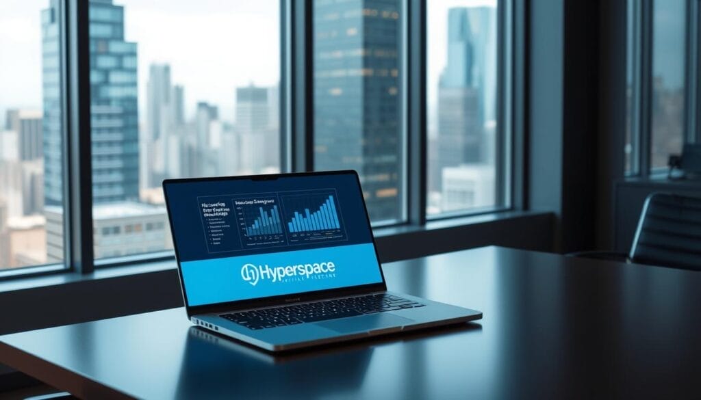 A sleek, modern office desk with a laptop displaying the "Hyperspace" logo. On the screen, visualizations and charts showcase sales coaching strategies powered by artificial intelligence. The desk is well-lit, creating a professional and focused atmosphere. In the background, a large window overlooking a bustling cityscape, hinting at the dynamic, forward-thinking nature of the sales coaching techniques. The overall scene conveys a sense of innovation, technology, and the integration of AI into the sales process.