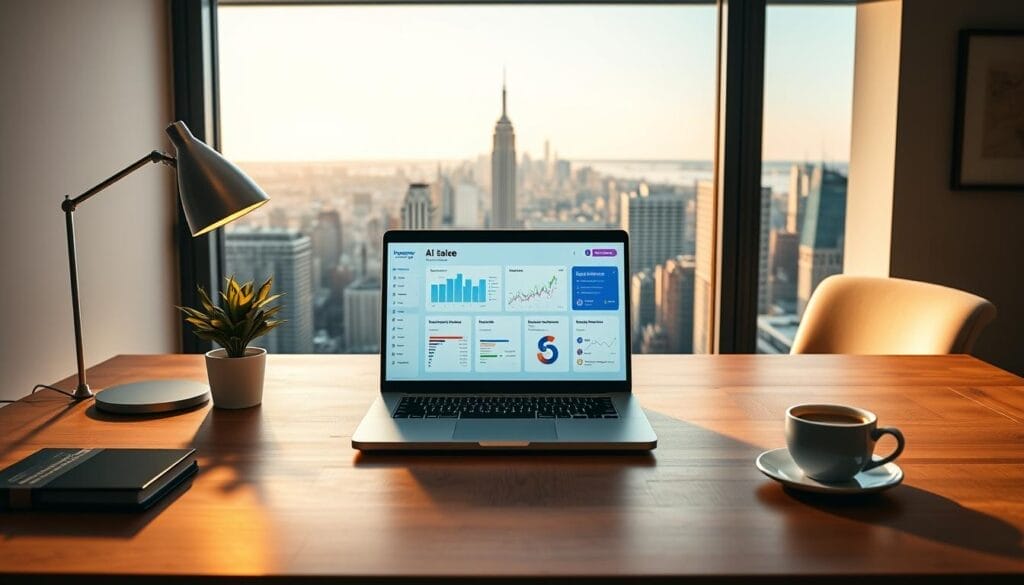 A sleek, modern office desktop featuring a Hyperspace-branded laptop with an AI sales coaching dashboard on the screen. The laptop is positioned on a minimalist wooden desk, alongside a stylish lamp, a potted plant, and a cup of coffee. The desktop is bathed in warm, directional lighting, creating a professional and productive atmosphere. In the background, a large window overlooking a bustling city skyline provides a sense of context and depth. The overall scene conveys the power and utility of AI-driven sales coaching tools in a visually appealing and immersive way.