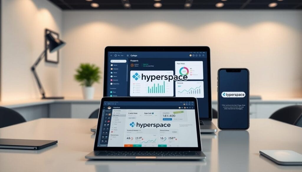 A sleek, modern office desktop scene featuring a laptop and mobile device prominently displaying the "Hyperspace" brand logo. In the foreground, intuitive CRM integration tools are seamlessly integrated, showcasing real-time sales data and analytics. The middle ground features a minimalist, well-organized workspace with complementary color tones and lighting that evokes a professional, productive atmosphere. The background subtly blurs, placing the focus on the technology and its seamless integration with the user's workflow. The overall composition conveys the harmony of AI-powered sales insights and CRM, enabling effortless sales operations.