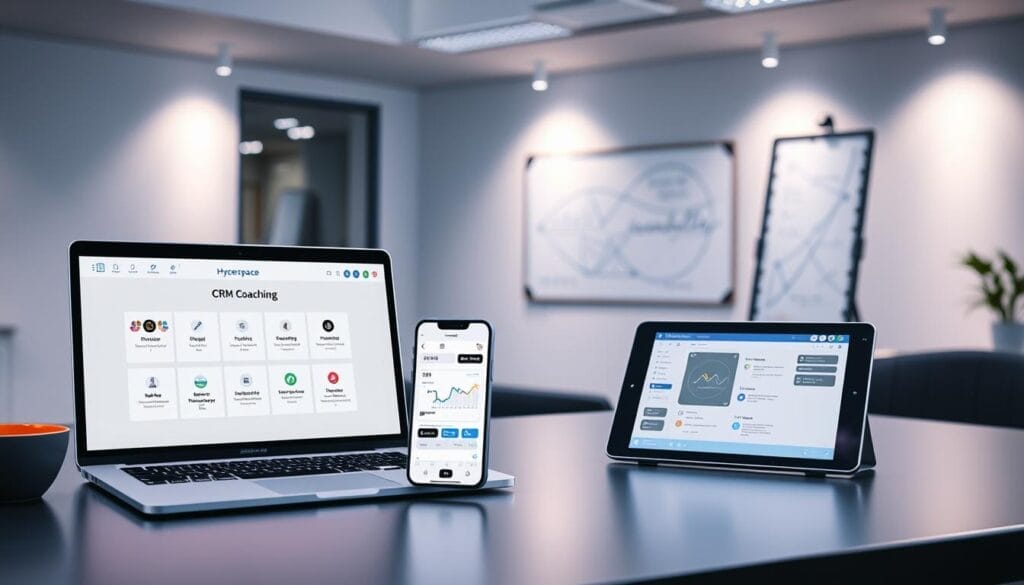 A sleek, modern office desktop scene showcasing the integration of CRM coaching tools into a seamless workflow. In the foreground, a laptop displays the "Hyperspace" CRM platform, its intuitive interface guiding the user through personalized coaching features. Beside it, a smartphone screen reveals real-time performance metrics and feedback loops. In the middle ground, a tablet-based whiteboard displays a collaborative coaching session, with digital annotations and insights. The background features a minimalist, well-lit workspace, with strategic lighting accentuating the technology. The overall atmosphere conveys efficiency, productivity, and a data-driven approach to sales coaching.