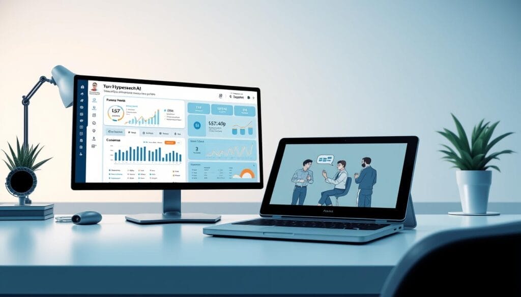 A sleek, modern office desktop showcasing a suite of Hyperspace AI sales coaching tools. In the foreground, a laptop screen displays a personalized dashboard with real-time metrics, sales performance analytics, and interactive coaching modules. In the middle ground, a tablet device presents immersive virtual roleplay scenarios, allowing sales reps to hone their skills. The background features a minimalist, well-lit workspace with clean lines, subtle brand elements, and a sense of professionalism and innovation. The overall atmosphere conveys the power of AI-driven, continuous sales training to maximize performance and potential.