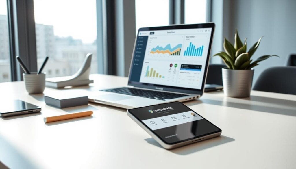 A sleek, modern office desktop with a laptop and mobile device displaying the "Hyperspace" AI sales training platform. The laptop screen shows a data visualization dashboard with charts and graphs, while the mobile device showcases a sales training module. The desktop surface has minimalist accessories like a pen holder and a stylish potted plant, creating a professional and productive atmosphere. Bright, natural lighting illuminates the scene, casting subtle shadows and highlights. The overall mood is one of efficiency, innovation, and the seamless integration of AI-powered sales training into the modern business landscape.