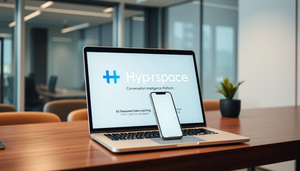 A sleek, modern office desktop with a laptop and mobile device prominently displayed. On the laptop screen, the Hyperspace logo and "Conversation Intelligence Platform" is clearly visible, showcasing the key features and capabilities of this AI-powered sales coaching software. The desktop is well-lit, with a warm, professional atmosphere. The laptop and mobile device are positioned to draw the viewer's attention to the Hyperspace platform, emphasizing its role as a central tool for effective sales coaching.
