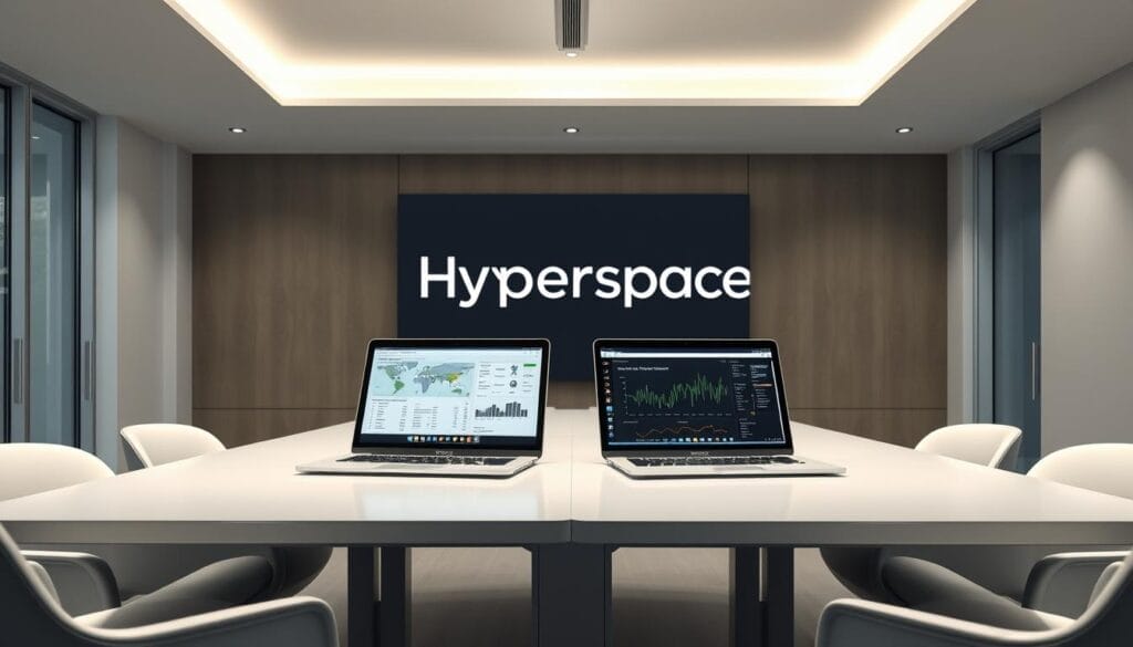 A sleek, modern office interior with a large conference table and chairs. On the table, two laptop computers displaying data and visualizations on their screens, conveying the traditional in-office sales training experience. In the background, a large wall-mounted display showcases the "Hyperspace" brand, adding a professional, corporate feel. Soft, directional lighting from above illuminates the scene, creating a focused, serious atmosphere. The overall composition emphasizes the contrast between the digital tools and the physical workspace, reflecting the strengths and limitations of in-office sales training.