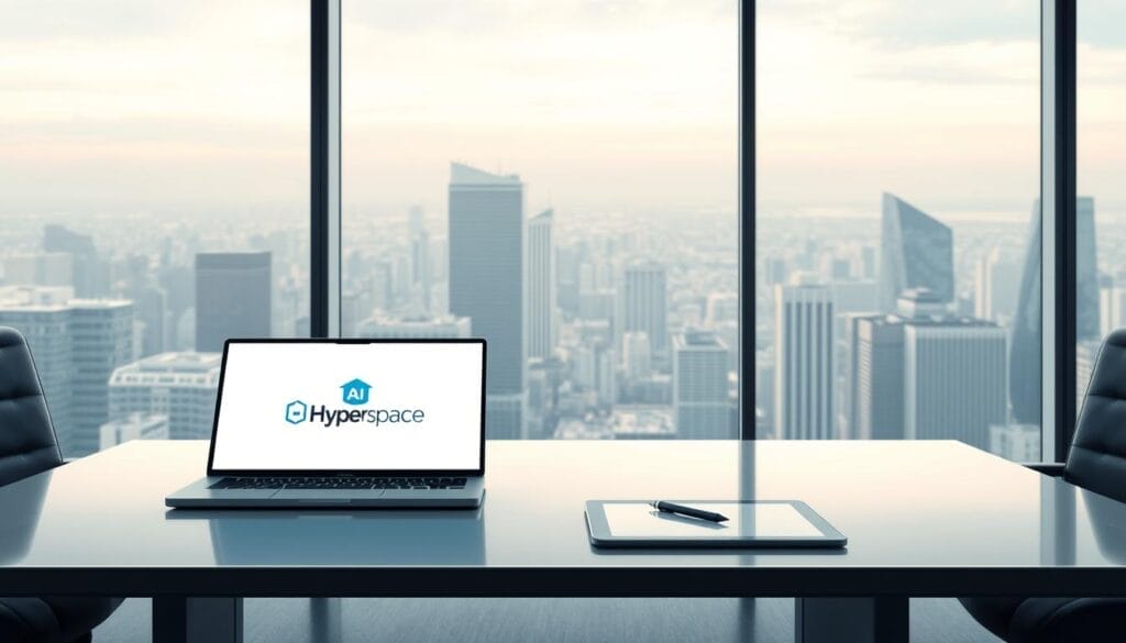 A sleek, modern office interior with a large desk featuring a laptop displaying the "Hyperspace" logo. On the desk, a tablet and stylus are arranged, conveying a digital, AI-powered workflow. The lighting is soft and directional, creating a professional, technology-driven atmosphere. In the background, a large window overlooks a bustling cityscape, symbolizing the global reach and impact of the AI-powered sales negotiation training. The scene evokes a sense of innovation, efficiency, and the evolution of sales techniques.