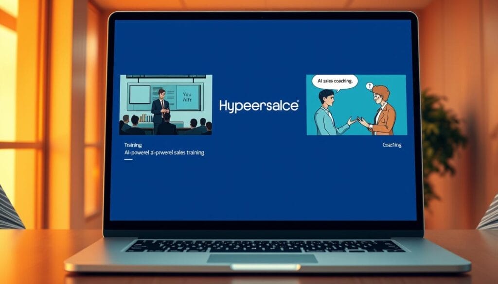 A sleek, modern office scene with a desktop computer or laptop screen displaying the Hyperspace brand logo. On the screen, two distinct views are shown - one depicting a formal AI-powered sales training session, and the other showcasing an interactive AI sales coaching experience. The training view features a presenter with a virtual audience, while the coaching view depicts a one-on-one dialogue between an AI assistant and a sales professional. The scene is bathed in warm, directional lighting, creating a professional and productive atmosphere. The overall composition conveys the key differences between AI-driven sales training and AI-powered sales coaching.
