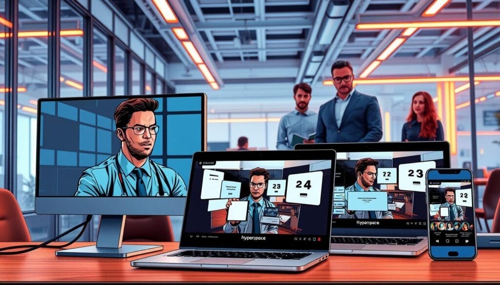 A sleek, modern office setting with a desktop computer, laptop, and mobile device prominently displayed. The devices feature the Hyperspace brand logo and display various AI-powered sales training scenarios for the manufacturing industry. The foreground shows a sales representative engaged in a virtual role-play session, their expression focused and determined. The middle ground features a team of sales managers observing the training, providing feedback and guidance. The background showcases a vibrant, tech-forward office environment with floor-to-ceiling windows, minimalist decor, and subtle neon accents. Warm, directional lighting casts a professional, productive atmosphere. The overall scene conveys the importance of AI-driven sales training in the manufacturing sector.