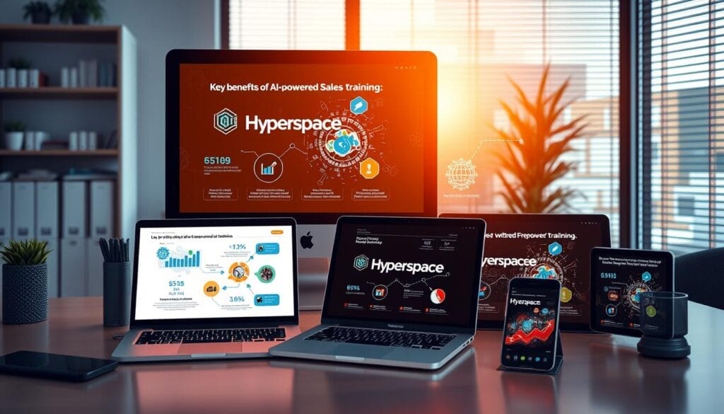 A sleek, modern office setting with a desktop computer, laptop, and mobile phone showcasing the "Hyperspace" brand. On the screens, vibrant visualizations and infographics illustrate the key benefits of AI-powered sales training: increased sales efficiency, data-driven insights, personalized coaching, and improved customer engagement. The scene is bathed in a warm, inviting light, conveying the power and potential of this innovative sales training solution.