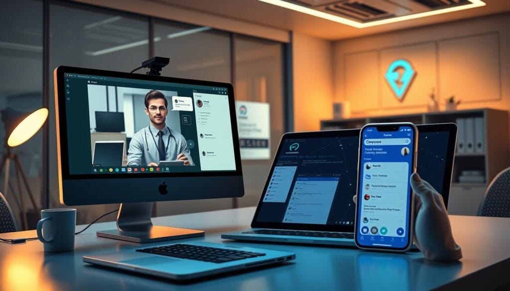 A sleek, modern office setting with a desktop computer, laptop, and smartphone prominently displayed. On the screens, personalized customer interactions are taking place - a sales representative engaged in a video call, a customer service chat window, and a mobile app showcasing customized product recommendations. The lighting is warm and inviting, with subtle Hyperspace branding visible. The overall atmosphere conveys a sense of seamless, AI-powered customer engagement.