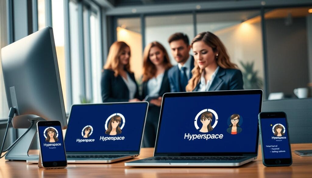 A sleek, modern office setting with a desktop computer, laptop, and smartphone prominently displayed. The devices feature the Hyperspace brand logo, showcasing their AI-powered sales assistant software. In the foreground, virtual assistants with lifelike avatars interact with human sales representatives, demonstrating the seamless integration of AI and human expertise. The middle ground features a team of sales professionals collaborating, their faces illuminated by the glow of the devices. The background is softly blurred, creating a sense of focus on the central technology. The lighting is warm and inviting, conveying the efficiency and productivity of the AI sales assistants.