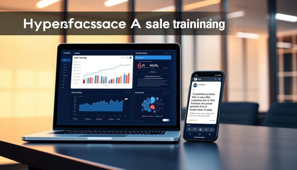 A sleek, modern office setting with a laptop and mobile device prominently displayed, showcasing the Hyperspace AI sales training platform. The laptop screen displays a sales dashboard with charts and graphs, while the mobile device features a customer testimonial. Soft, warm lighting creates a professional and inviting atmosphere. The scene conveys the efficiency and effectiveness of the Hyperspace AI sales training solution, highlighting its real-world success stories.