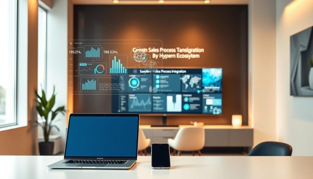 A sleek, modern office setting with a laptop and mobile device prominently displayed on a minimalist desk. The environment is bathed in soft, warm lighting, creating a welcoming and productive atmosphere. In the foreground, a stylized holographic interface hovers above the devices, showcasing dynamic sales data and insights powered by Hyperspace AI. The middle ground features a large, high-resolution monitor displaying a visual representation of the sales process transformation, with intuitive data visualizations and seamless workflow integration. The background subtly hints at the broader technology ecosystem, with subtle holograms and digital elements blending into the office space. The overall impression is one of a cutting-edge, efficient, and AI-driven modern sales process.