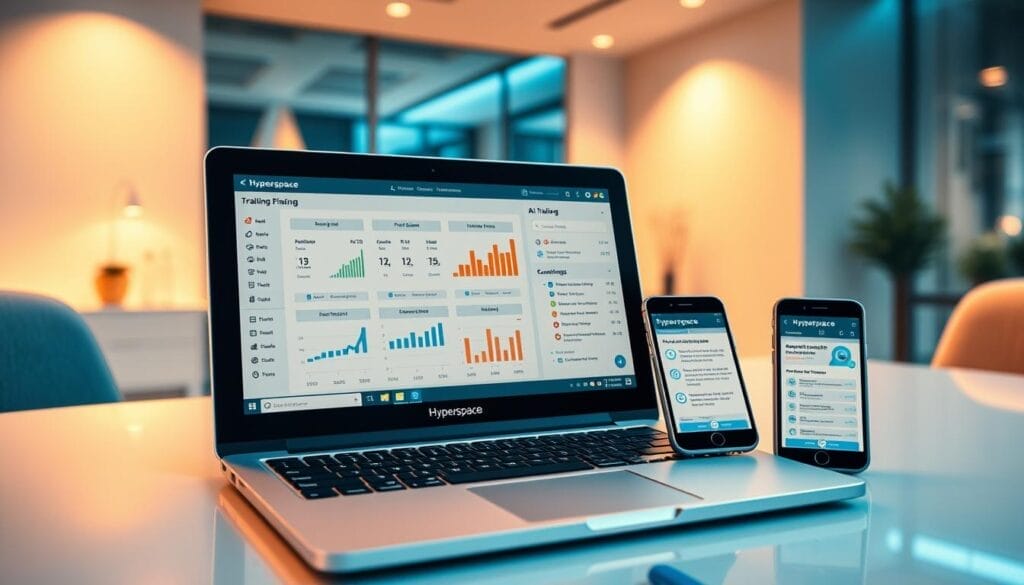 A sleek, modern office setting with a laptop and mobile device prominently displayed. The laptop screen shows a Hyperspace-branded AI training interface, with detailed pharmaceutical sales data and analytics. The mobile device displays a Hyperspace mobile app, providing real-time insights and guidance for pharmaceutical sales representatives. The room is bathed in warm, soft lighting, creating a professional and productive atmosphere. The overall scene conveys the state-of-the-art technology and sophisticated training solutions powering the pharmaceutical sales industry.