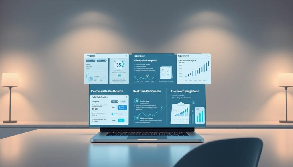 A sleek, modern office setting with a laptop display showcasing the core features of the Hyperspace AI sales coaching platform. The screen features clean, intuitive UI elements such as customizable dashboards, sales pipeline management tools, real-time performance analytics, and AI-powered sales script suggestions. Soft, indirect lighting creates a professional, productive atmosphere, while the minimalist desk setup and elegant chair design exude an air of sophisticated technology. The overall scene conveys the powerful yet user-friendly nature of the Hyperspace platform, designed to empower sales teams with intelligent guidance and data-driven insights.