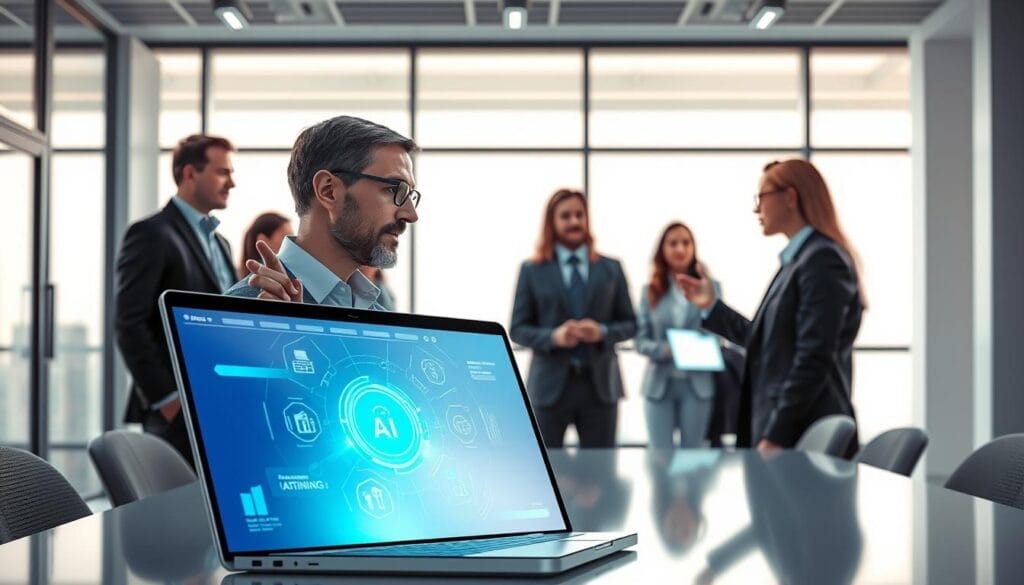 A sleek, modern office setting with a laptop or desktop computer screen displaying an AI-powered sales training program. In the foreground, a sales representative engages with the Hyperspace AI interface, gesturing and interacting with the virtual agent. The middle ground features a team of sales professionals observing and collaborating, their faces illuminated by the glow of the screens. The background showcases a clean, minimalist workspace with large windows, letting in soft, natural lighting that creates a professional and focused atmosphere. The overall scene conveys the seamless integration of AI technology into the sales training and coaching process, elevating the skills and performance of the manufacturing industry's sales team.