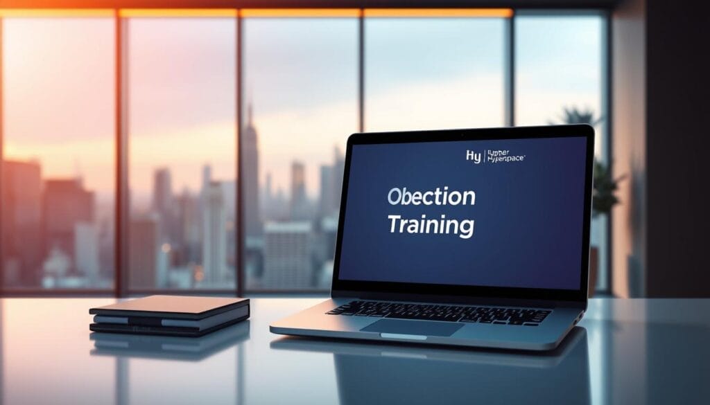 A sleek, modern office setting with a laptop prominently displayed on a minimalist desk. The screen shows a presentation slide titled "Objection Handling Training" with the Hyperspace logo in the corner. Soft, directional lighting casts a warm glow, creating a professional and focused atmosphere. In the background, a large window overlooks a bustling city skyline, blurred to emphasize the on-screen content. The overall scene conveys the sense of a comprehensive, technology-driven objection handling training experience.
