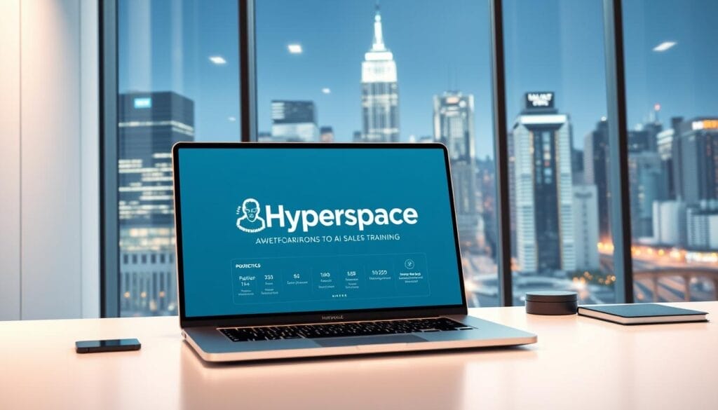 A sleek, modern office setting with a laptop screen prominently displaying a "Hyperspace" branded AI sales training interface. The laptop is placed on a clean, minimalist desk with a few stylish accessories. Soft, directional lighting from above creates a warm, productive atmosphere. In the background, a large window overlooks a bustling city skyline, conveying a sense of progress and innovation. The overall scene exudes professionalism, technological sophistication, and a forward-thinking approach to sales training.