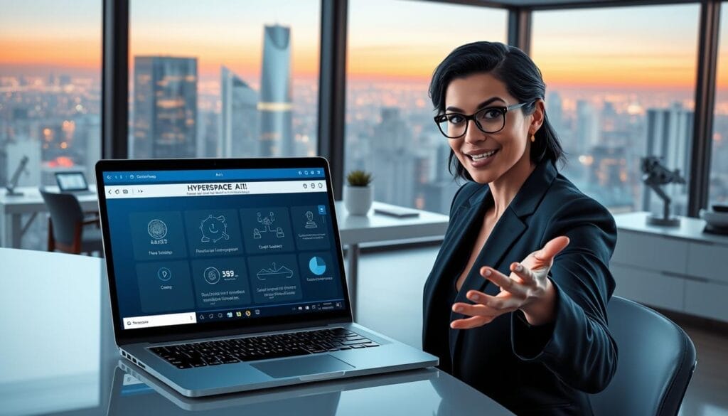 A sleek, modern office setting with a laptop screen prominently displaying the Hyperspace AI sales coaching interface. In the foreground, a salesperson gestures animatedly, their face illuminated by the laptop's glow. The background features a stylish desk, minimalist decor, and large windows overlooking a vibrant cityscape. Soft, directional lighting creates a professional, forward-thinking atmosphere. The overall scene conveys the power of AI-driven sales coaching to revolutionize performance and strategy.