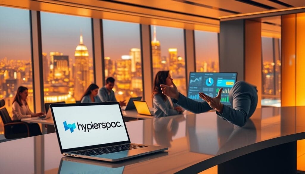 A sleek, modern office setting with a large, curved desk prominently featuring a laptop displaying the "Hyperspace" brand logo. In the foreground, a sales team member is engaged in an interactive AI-driven training session, gesturing animatedly while the screen showcases dynamic sales insights and data visualizations. The middle ground features other team members collaborating, their faces illuminated by the glow of their laptop screens. The background includes floor-to-ceiling windows overlooking a vibrant city skyline, bathed in warm, golden lighting that creates a sense of productivity and innovation. The overall scene conveys a cutting-edge, technology-driven approach to sales training and team development.