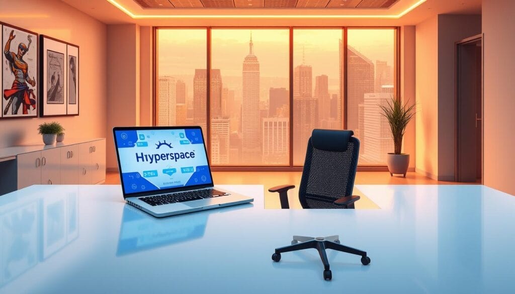 A sleek, modern office setting with a large desk and ergonomic chair. On the desk, a laptop displaying the "Hyperspace" brand logo, showcasing an interactive AI-powered sales training interface. The room is bathed in warm, focused lighting, creating a professional and productive atmosphere. The walls feature minimalist decor, and a large window offers a view of a bustling city skyline. The scene conveys a sense of innovation, technology, and the potential for AI to revolutionize sales training.