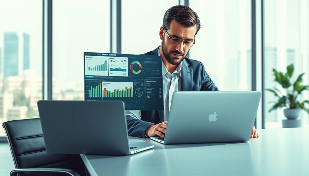 A sleek, modern office setting with a large desk showcasing a laptop display featuring a data visualization dashboard. The dashboard presents a range of AI-driven sales insights, including forecasting trends, customer segmentation, and performance metrics. The office has floor-to-ceiling windows, allowing natural light to flood the space, creating a bright and airy atmosphere. In the foreground, a professional-looking person, dressed in business attire, is studying the dashboard intently, their expression conveying deep concentration and decision-making. The Hyperspace brand logo is subtly present on the laptop. The overall scene evokes a sense of innovation, data-driven strategy, and the power of AI to empower sales leaders.