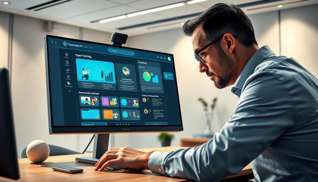 A sleek, modern office setting with a large desktop computer monitor displaying a Hyperspace AI sales training interface. The screen shows animated data visualizations, interactive modules, and personalized learning paths. In the foreground, a manager leans in, deeply engaged with the intuitive, touch-based controls. Soft, indirect lighting creates a focused, productive atmosphere. The background features minimalist decor, conveying a sense of technological sophistication. The overall scene suggests the seamless integration of AI-powered sales training into the daily workflow of a progressive, future-oriented organization.