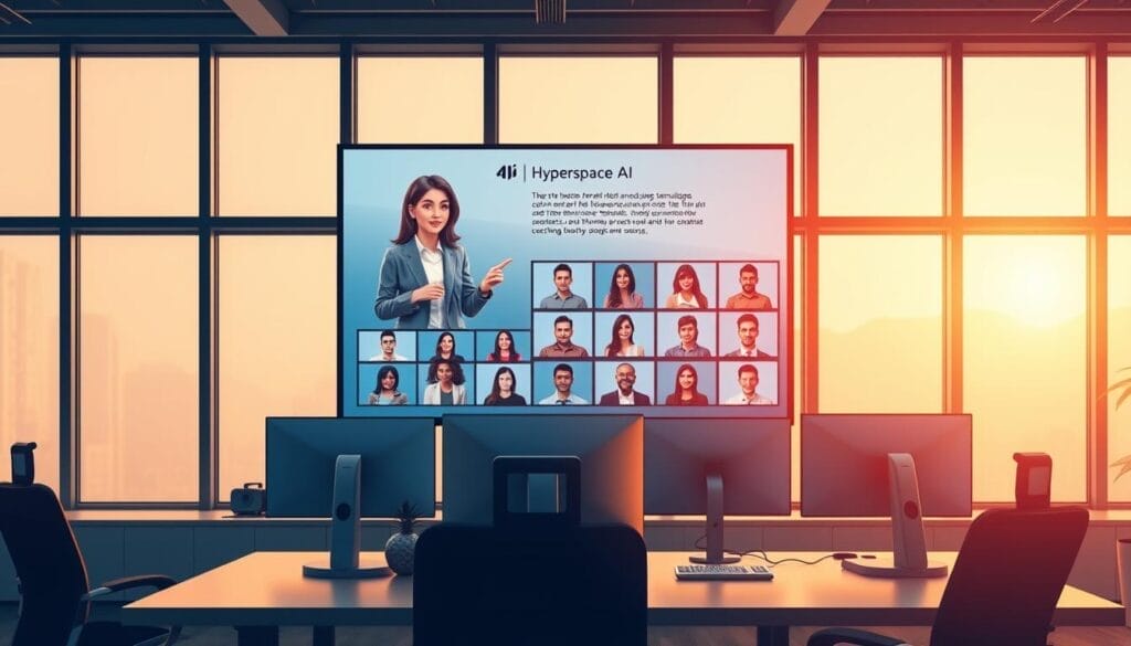 A sleek, modern office setting with a large flat-screen display showcasing a Hyperspace AI sales training simulation. On the display, an avatar guide demonstrates sales techniques to a group of trainees, their faces displayed on smaller screens arranged in a grid layout. Warm, natural lighting from large windows creates a professional, collaborative atmosphere. The desk and computer setup in the foreground suggests a customized, personalized learning experience for each user. The overall scene conveys the evolution of sales training, where AI-powered tools seamlessly integrate with human-centric coaching.