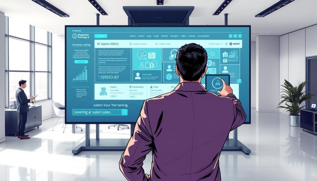 A sleek, modern office setting with a large flat-screen display showcasing an immersive AI-powered sales training interface. In the foreground, a salesperson interacts with a touchscreen, navigating through interactive lessons and simulations powered by the "Hyperspace" enterprise AI platform. The middle ground features a team of sales representatives engaged in collaborative exercises, leveraging AI-driven insights and personalized feedback. The background depicts a vibrant, tech-forward atmosphere with minimalist decor and large windows, conveying a sense of innovation and productivity. Soft, directional lighting accentuates the clean, elegant aesthetic.