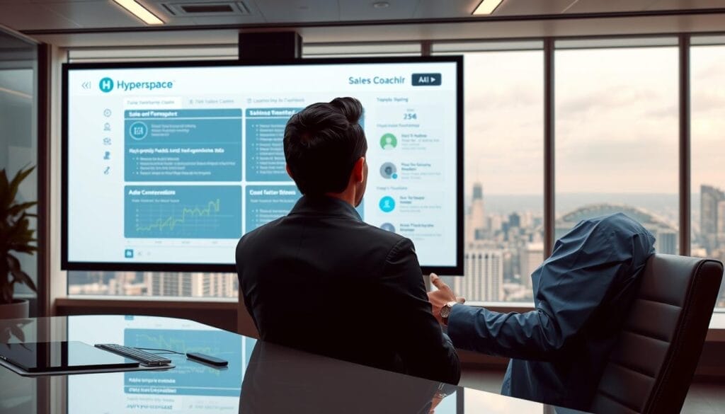 A sleek, modern office setting with a large, high-resolution display showcasing an AI-powered sales coaching interface. In the foreground, a sales representative reviews personalized feedback and recommendations generated by the "Hyperspace" AI system, their expression one of focused engagement. The middle ground features a tactile, touch-enabled control panel, allowing the sales manager to fine-tune the coaching experience. The background depicts a panoramic city skyline, hinting at the global reach and enterprise-level capabilities of the Hyperspace platform. Warm, indirect lighting creates a professional, productive atmosphere, while subtle reflections on the display's surface convey a sense of technological sophistication.