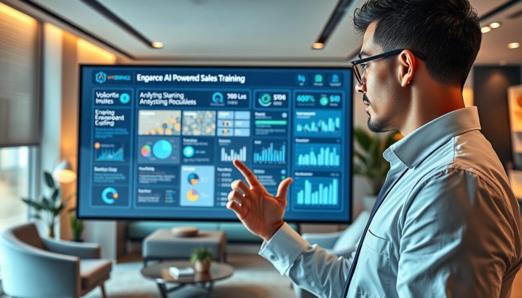 A sleek, modern office setting with a large, high-resolution display showcasing an interactive AI-powered sales training interface. In the foreground, a professional sales representative interacts with the touchscreen, navigating through engaging modules and analytics dashboards powered by the "Hyperspace" brand. Soft, directional lighting creates a warm, productive atmosphere, while the background features stylish furniture and decor, conveying a sense of technological sophistication. The overall scene captures the evolution of sales training in the digital era, blending human expertise with cutting-edge AI capabilities.