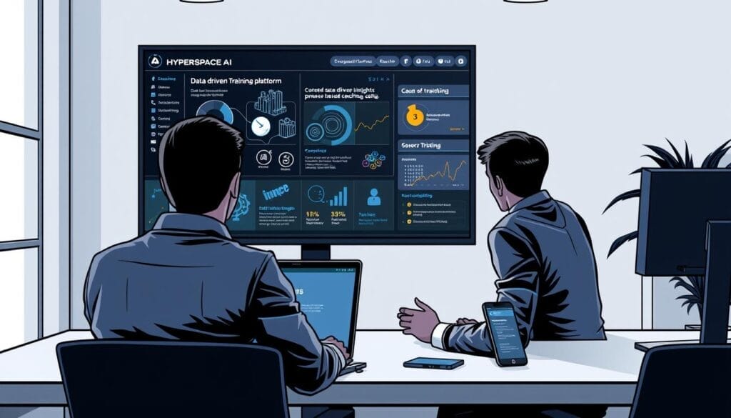 A sleek, modern office setting with a large monitor displaying a Hyperspace AI sales training platform. In the foreground, a sales team member interacts with the intuitive interface, accessing data-driven insights and personalized coaching. The middle ground features a laptop and mobile device showcasing the seamless cross-device experience. The background depicts a stylish, minimalist workspace with task lighting and subtle branding elements. The overall scene conveys a sense of efficiency, productivity, and the transformative power of AI-driven sales training.