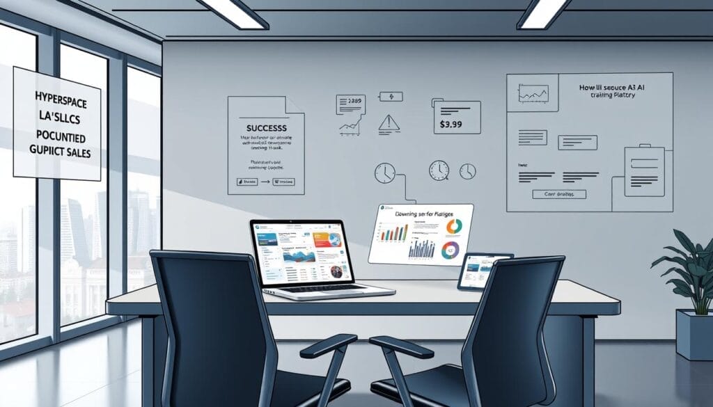 A sleek, modern office setting with a stylish desk and ergonomic chair. On the desk, a laptop and tablet display a Hyperspace AI sales training platform, showcasing interactive dashboards, analytics, and personalized coaching tools. The walls are adorned with motivational graphics and success metrics, creating an atmosphere of productivity and growth. Soft, directional lighting from above and a muted color palette lend a professional, yet inviting ambiance. In the background, a city skyline is visible through large windows, symbolizing the expansive potential of AI-driven sales strategies.