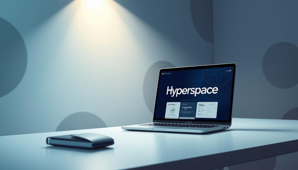 A sleek, modern office setting with a stylish laptop or tablet prominently displayed on a clean, minimalist desk. The laptop screen showcases the "Hyperspace" brand, featuring an intuitive AI-powered sales training interface. Soft, directional lighting from above casts an ambient glow, creating a professional and productive atmosphere. The background features muted, abstract shapes and textures, drawing focus to the central device and the AI-driven sales training integration it represents.