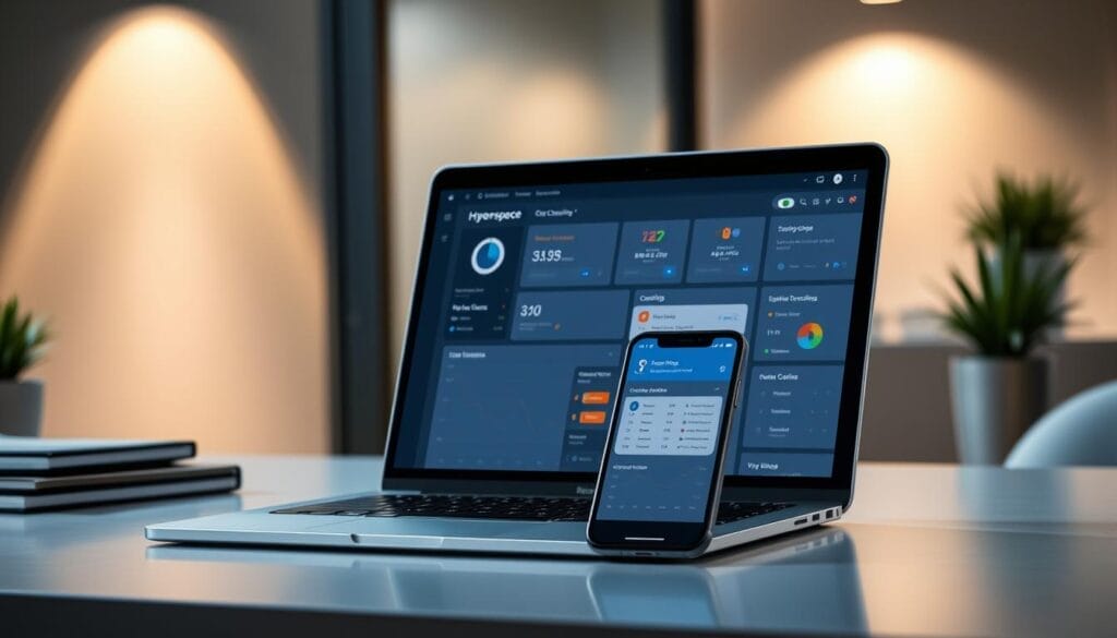 A sleek, modern office setup with a laptop and smartphone prominently displayed. The laptop screen shows the Hyperspace sales coaching software interface, showcasing metrics, analytics, and coaching features. The smartphone displays a sales performance dashboard, highlighting the positive impact of effective coaching. Soft, directional lighting creates a professional and productive atmosphere. The scene conveys the transformative power of Hyperspace's sales coaching capabilities, empowering sales teams to reach new heights.