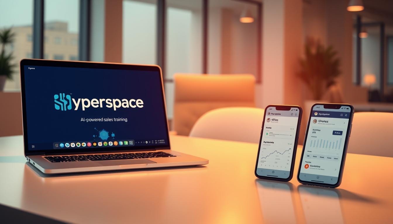 A sleek, modern office workspace with a laptop and smartphone prominently displayed. The laptop screen shows the Hyperspace logo and an AI-powered sales training interface, while the smartphone showcases a sales dashboard. The scene is bathed in warm, soft lighting, creating a professional and inviting atmosphere. The overall composition suggests a seamless integration of AI technology into a sales training environment, suitable for both beginners and advanced professionals.
