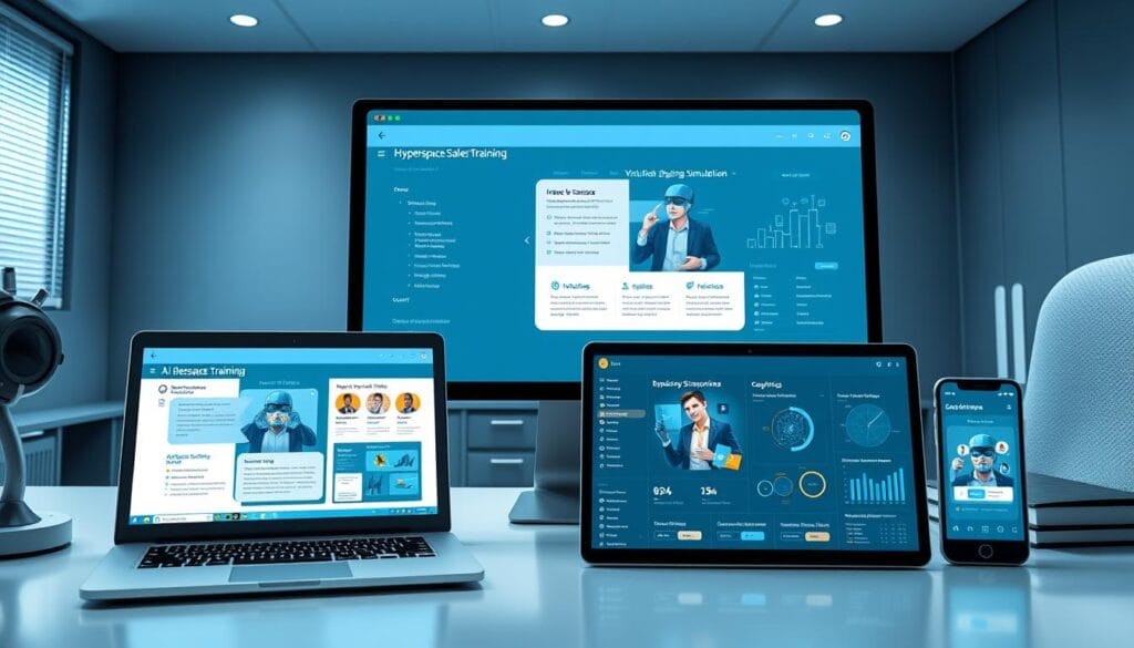 A sleek, modern office workspace with a laptop, desktop computer, and mobile device prominently displayed. The screen of each device showcases a Hyperspace AI sales training program, featuring interactive modules, virtual role-playing simulations, and analytics dashboards. Soft, directional lighting illuminates the scene, creating a professional and inviting atmosphere. The arrangement of the devices suggests a seamless, integrated learning experience for both beginner and advanced sales professionals. The overall composition conveys the versatility and accessibility of Hyperspace's AI-powered sales training formats.