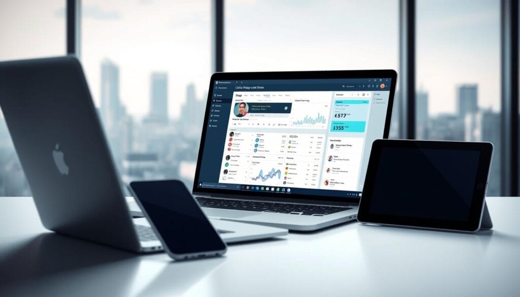A sleek, modern office workspace with a laptop, smartphone, and tablet prominently displayed. The screen of the laptop showcases a detailed AI call analysis interface from the Hyperspace platform, featuring data visualizations, call transcripts, and insights. Soft, directional lighting illuminates the scene, creating a professional and focused atmosphere. The background features a blurred city skyline, conveying a sense of technology and progress. The overall composition emphasizes the integration of AI-powered call analysis into the sales workflow, highlighting its role in enhancing sales performance.