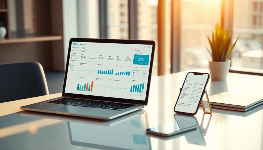 A sleek, modern office workspace with a laptop, tablet, and smartphone prominently displayed, showcasing a data-driven sales conversation analysis dashboard powered by the Hyperspace AI sales coaching platform. The scene is bathed in warm, natural lighting, creating a professional and productive atmosphere. The analytics displayed on the screens provide insights into customer behavior, sales performance, and strategies for improvement. The layout and design elements convey a sense of sophistication and innovation, reflecting the transformative potential of AI-driven sales coaching.