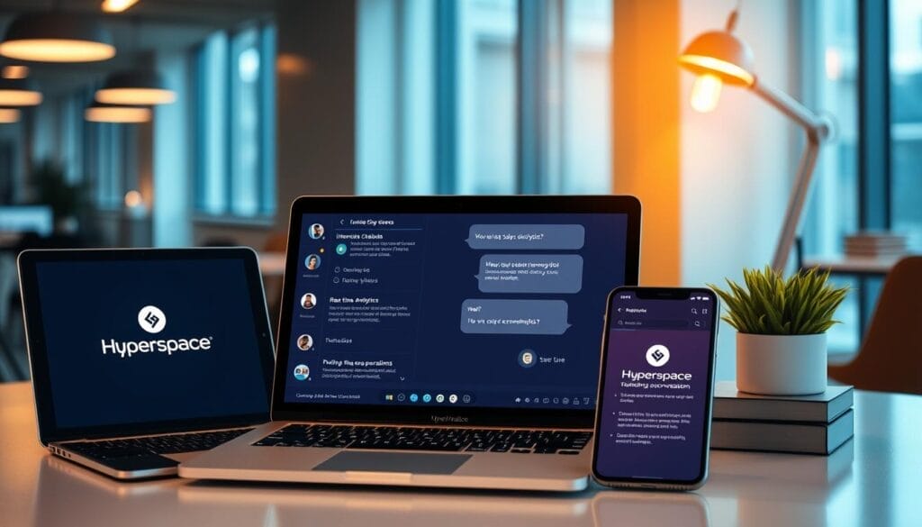 A sleek, modern office workspace with a laptop, tablet, and smartphone prominently displayed. The devices feature the "Hyperspace" brand logo and showcase an automated sales conversation interface, complete with interactive chatbots, real-time analytics, and personalized recommendations. The scene is bathed in a warm, inviting light, conveying a sense of efficiency, innovation, and seamless customer engagement. The arrangement of the devices suggests a harmonious integration of technology and sales, creating an immersive and AI-powered sales experience.
