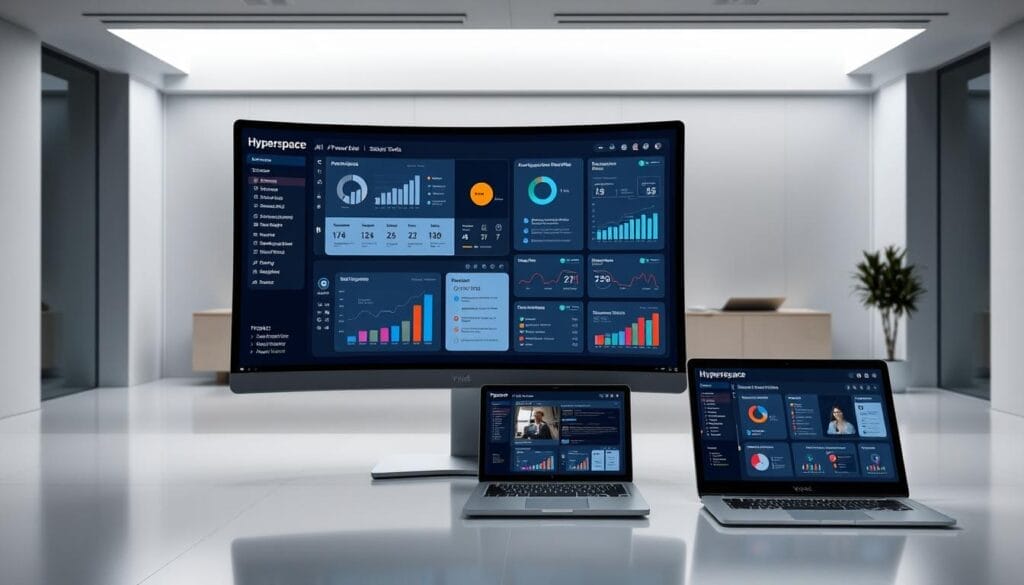 A sleek, modern office workspace with a large, curved-screen desktop computer prominently displayed in the foreground. The display showcases several AI-powered sales tools from the "Hyperspace" brand, including interactive dashboards, sales analytics visualizations, and personalized customer profiles. In the middle ground, a laptop and a tablet device show similar Hyperspace sales tools, while the background features a minimalist, high-tech environment with clean lines, muted colors, and subtle lighting. The overall scene conveys a sense of efficiency, productivity, and the seamless integration of AI technology into the sales workflow.
