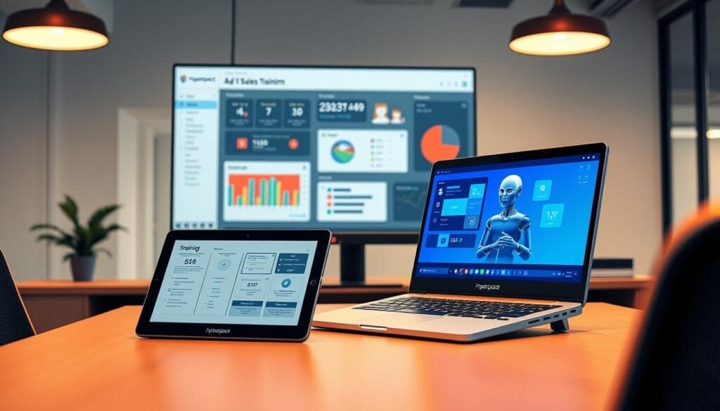 A sleek, modern office workspace with a large desktop display showcasing an AI-powered sales training platform. On the screen, a dynamic dashboard presents real-time data, customizable modules, and an intuitive user interface. The workspace is bathed in warm, focused lighting, creating a professional and productive atmosphere. In the foreground, a Hyperspace-branded laptop sits open, its screen displaying an AI sales agent engaged in a virtual conversation. The middle ground features a tablet device displaying training materials, while the background reveals a minimalist, technology-driven environment, hinting at the power of AI-driven sales solutions.