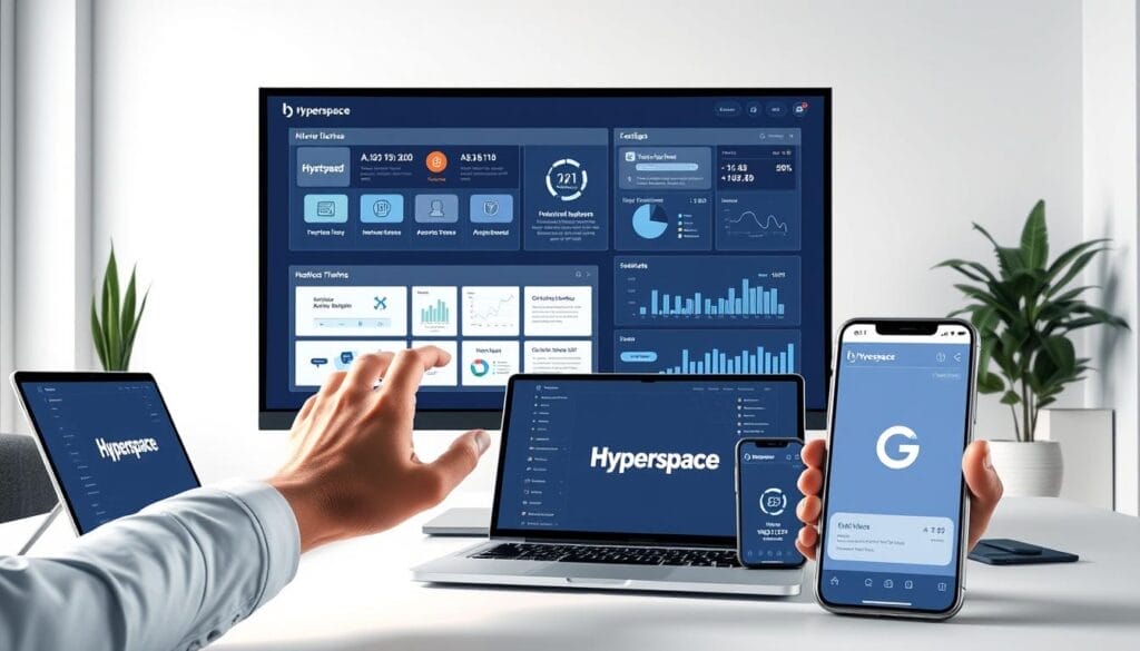 A sleek, modern office workspace with a large, high-resolution desktop display showcasing a Hyperspace AI sales training platform. In the foreground, a user's hands interact with the touchscreen interface, navigating through interactive modules and analytics dashboards. The middle ground features a laptop and mobile device, also displaying the Hyperspace branding, creating a cohesive technology-driven environment. The background has minimalist decor, clean lines, and neutral tones to keep the focus on the AI sales training tools. Soft, directional lighting creates depth and highlights the sophisticated, user-friendly design of the Hyperspace system.