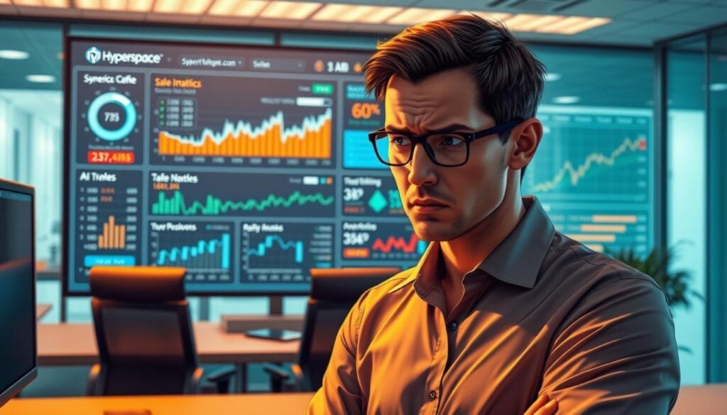 A sleek, modern office workspace with a large, high-resolution display showcasing a sales dashboard. The screen displays key sales metrics, charts, and AI-powered insights, all with the Hyperspace branding prominently featured. In the foreground, a sales team member intently examines the data, their expression a mix of concentration and uncertainty, reflecting the impact of the AI implementation. The lighting is warm and focused, creating a sense of intensity and importance. The overall scene conveys the complex relationship between AI technology and its effect on sales teams, hinting at both the potential benefits and the challenges of successful integration.