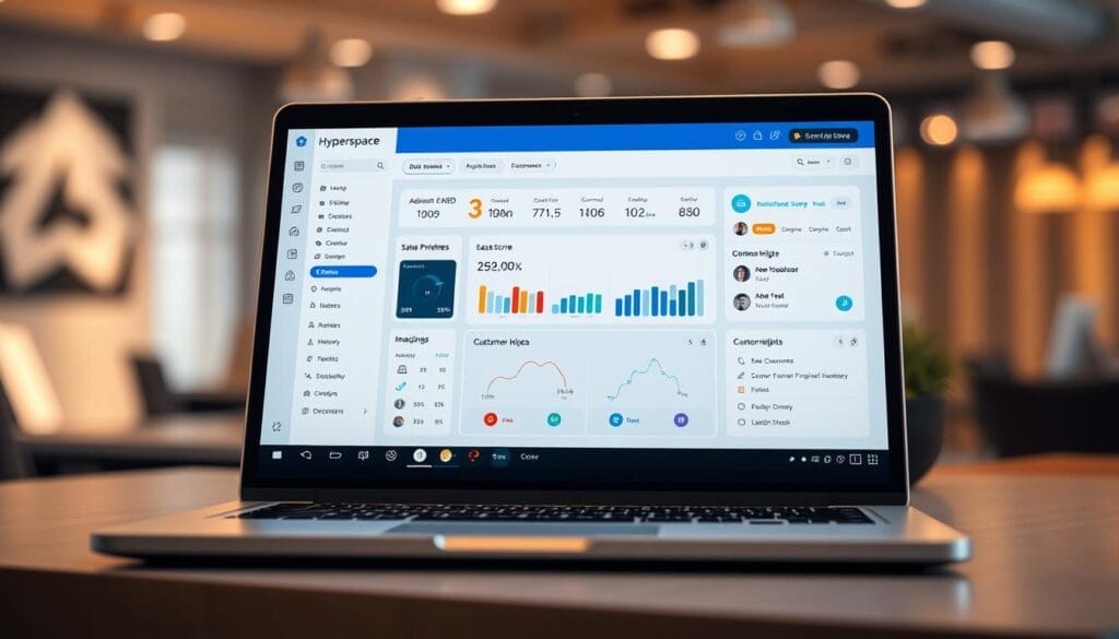 A sleek, modern sales assistant software interface displayed on a laptop screen, with the Hyperspace brand prominently featured. The screen shows a clean dashboard with intuitive widgets for sales pipeline management, lead scoring, and customer insights. Soft lighting illuminates the scene, creating a professional and productive atmosphere. In the background, a blurred office environment suggests a corporate setting, emphasizing the tool's suitability for business use. The overall impression conveys efficiency, data-driven decision-making, and a seamless sales experience.