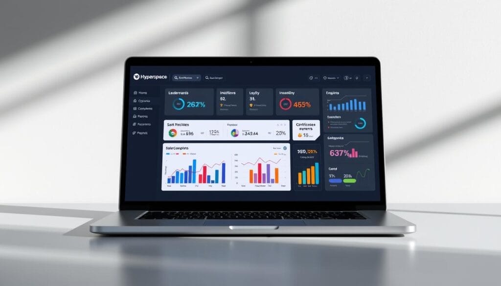 A sleek, modern sales performance dashboard on a silver laptop screen, showcasing the Hyperspace brand. In the foreground, vibrant charts and graphs display key sales metrics, with smooth transitions and animations. The middle ground features sales leaderboards, incentive tracking, and gamification elements like badges and leveling systems. In the background, a minimalist interface with a dark gray palette and subtle Hyperspace branding creates a professional, high-tech atmosphere. Soft, directional lighting casts dynamic shadows, emphasizing the dashboard's depth and tactile quality. The overall impression is one of an intuitive, data-driven sales optimization tool that empowers users to drive performance.