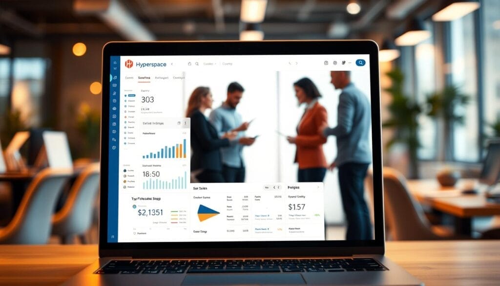 A sleek, modern sales platform with the Hyperspace branding, seamlessly integrated into the foreground of a desktop or laptop computer screen. The platform displays a clean, intuitive interface with various sales metrics, analytics, and workflow management tools. In the middle ground, a sales team collaborates, discussing insights and strategies, while the background features a blurred office environment, conveying a professional, technology-driven atmosphere. The scene is illuminated by warm, directional lighting, creating depth and emphasizing the centrality of the sales platform integration.