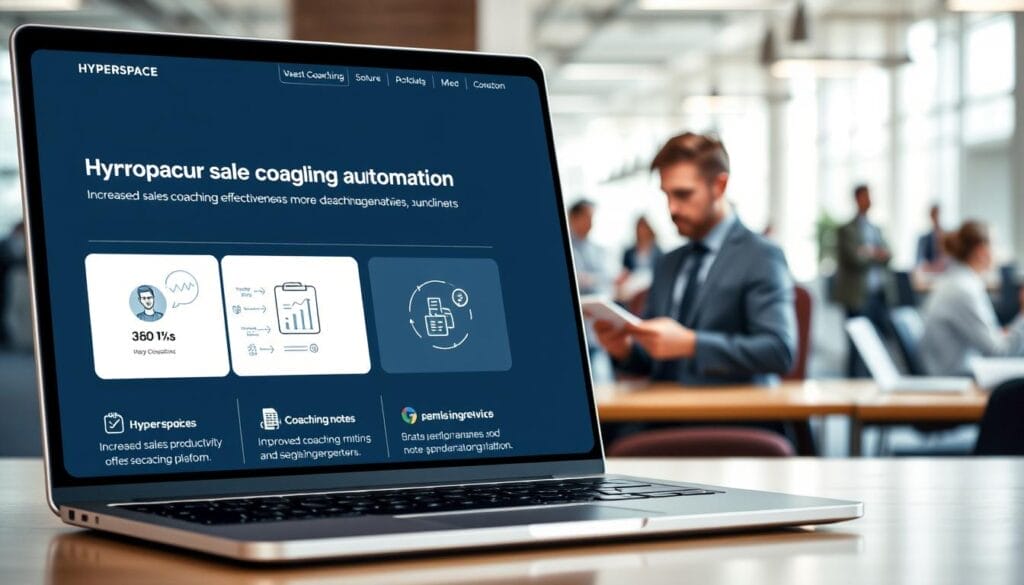 A sleek, modern software interface displayed on a laptop screen, showcasing the key benefits of Hyperspace's sales coaching automation platform. The foreground features clean, minimalist icons and infographics highlighting increased sales productivity, improved coaching effectiveness, and data-driven insights. The middle ground depicts a sales manager reviewing performance metrics and coaching notes, while the background subtly blends professional stock imagery of a bustling office environment. The overall tone is one of efficiency, clarity, and the transformative power of sales coaching automation.