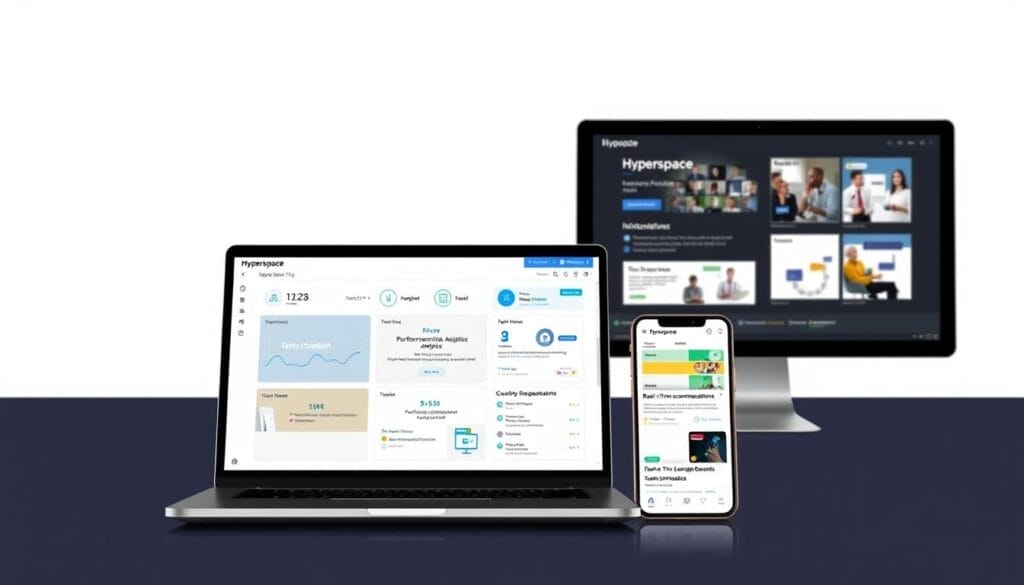 A sleek, modern software interface showcasing the key features of Hyperspace, a leading sales coaching platform. In the foreground, a laptop display depicts intuitive dashboards, performance analytics, and customizable training modules. The middle ground features a mobile device displaying real-time coaching recommendations and feedback tools. In the background, a desktop computer screen highlights collaborative features like team leaderboards and interactive sales simulations. The overall scene conveys a seamless, technology-driven approach to sales enablement, set against a minimalist, high-contrast backdrop to emphasize the software's sophisticated design.